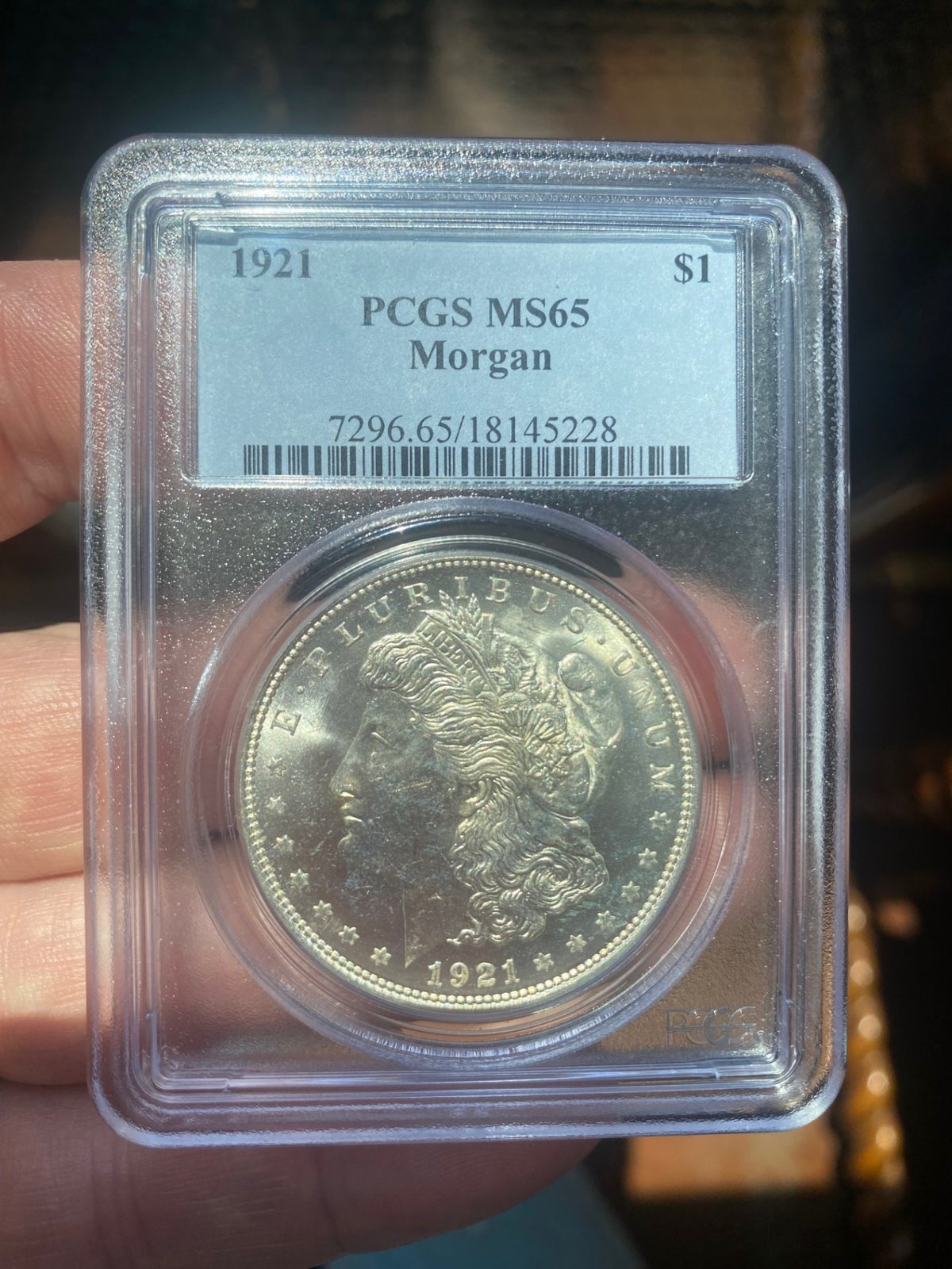 1921 Morgan Silver Dollar — PCGS MS65 — obverse shown in hand, photographed in hand at Capstone Metals.