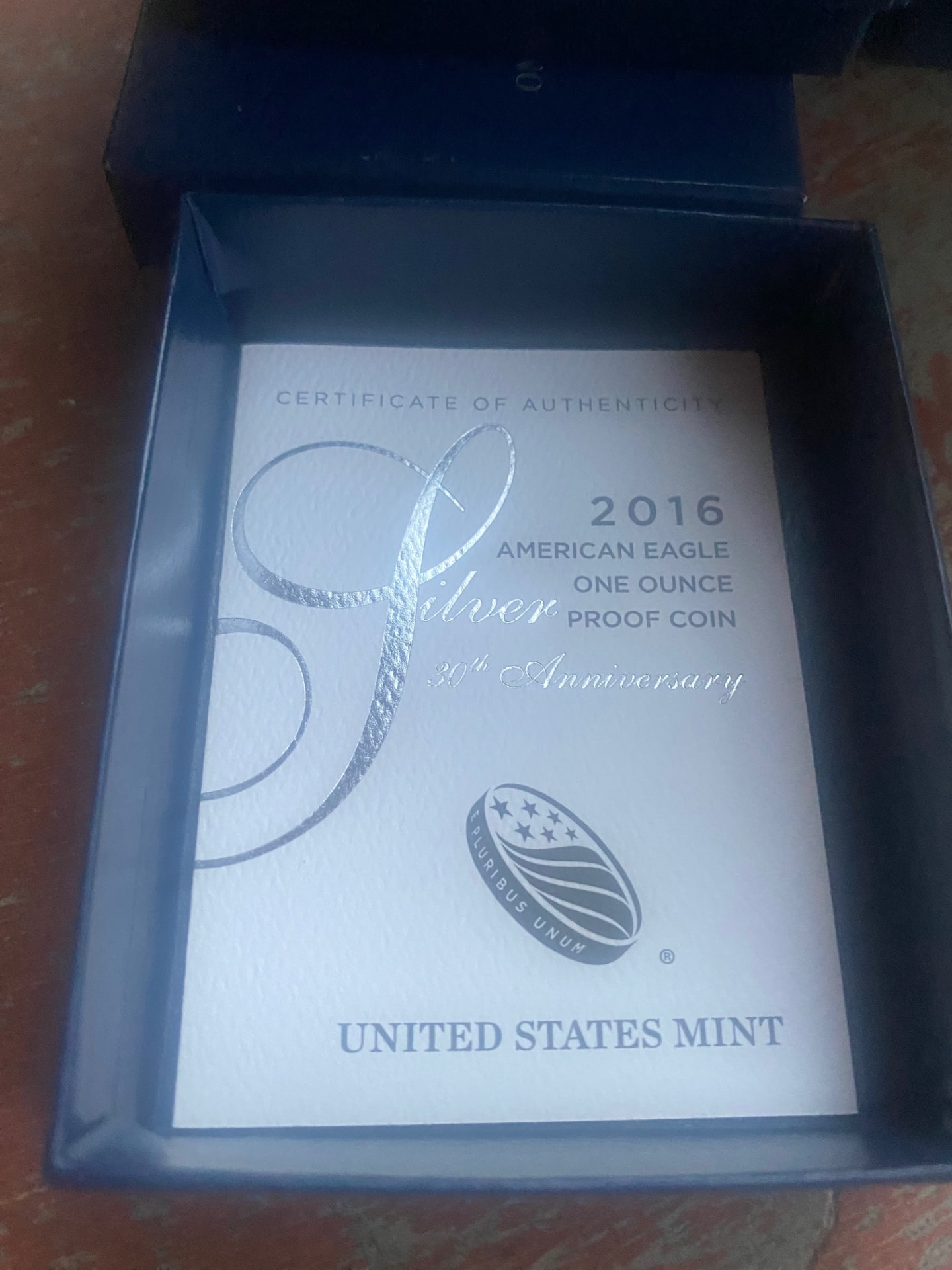 Certificate of authenticity for the 2016 American Eagle one ounce silver proof coin, 30th Anniversary