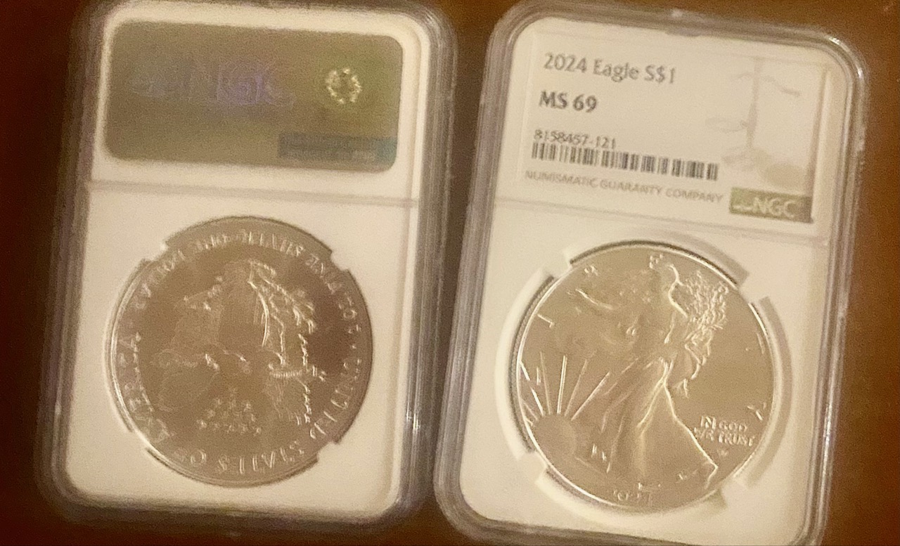 Certified NGC MS69 American Silver Eagle slabs from the complete date set, obverse and reverse